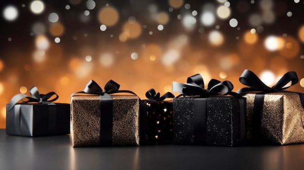 Cajas de regalos negras de Navidad en un estandarte de fondo festivo