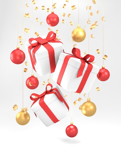 Cajas de regalos de plástico 3d que caen con cinta, bolas de adorno brillante, composición de brillo de confeti dorado