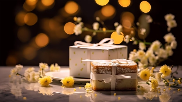 Cajas de regalos con ramas en flor en fondo bokeh Celebración del festival de mediados de otoño del año nuevo