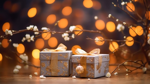 Cajas de regalos con ramas en flor en fondo bokeh Celebración del festival de mediados de otoño del año nuevo