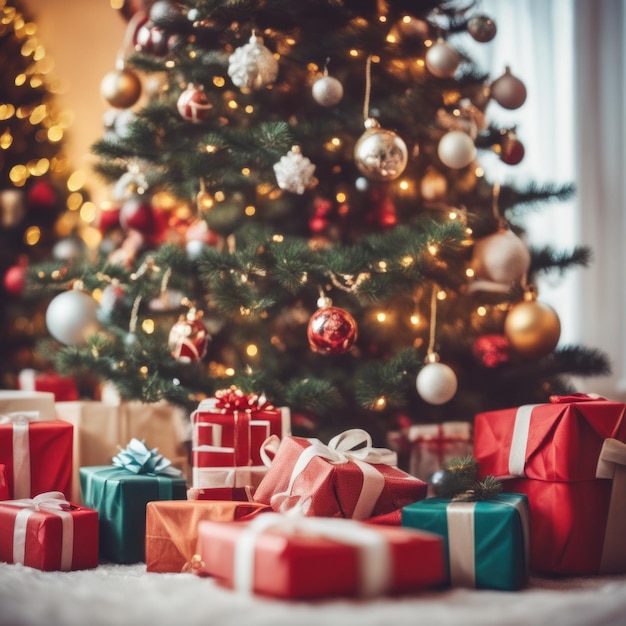 Cajas de regalos y regalos envueltos bajo el concepto de vacaciones de invierno del árbol de Navidad