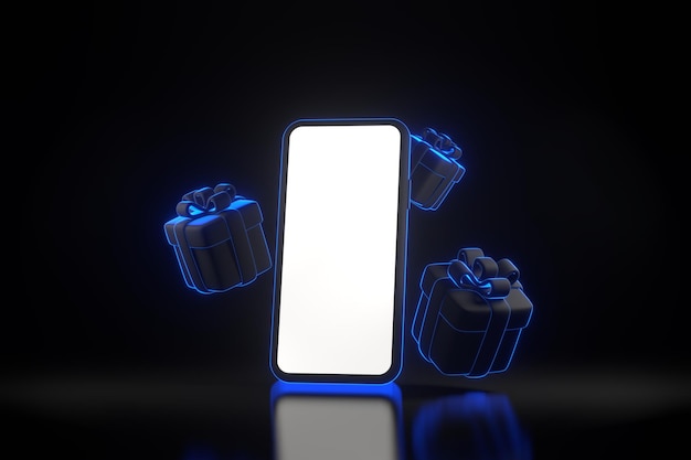 Cajas de regalos y teléfono móvil con luces de neón azul futurista brillantes sobre fondo negro en 3D