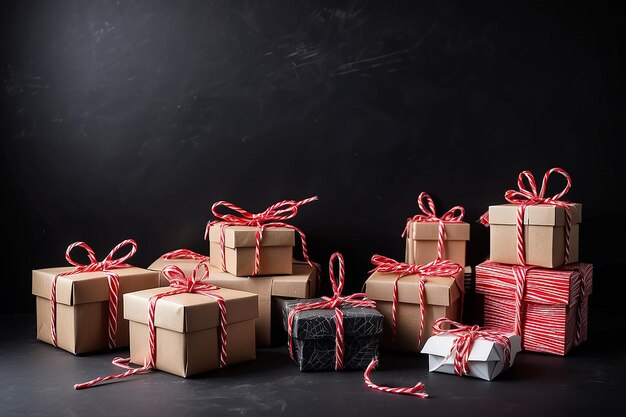 Cajas de regalos de vacaciones de eco-artesanía atadas con cuerda roja y blanca sobre un fondo negro
