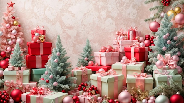 Las cajas de regalos de varias formas y tamaños se encuentran entre los coloridos árboles de NavidadGenerative AI