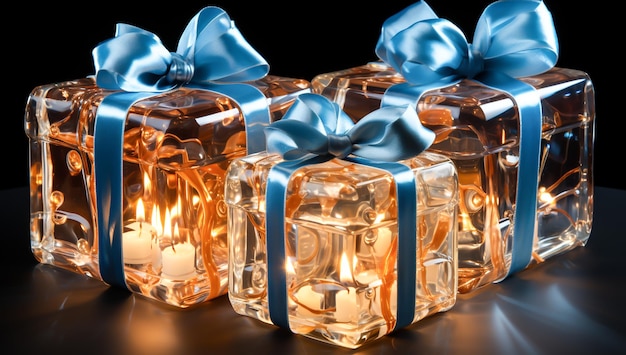 Foto cajas de regalos con velas en el interior en el concepto de fantasía navideña generado por ia