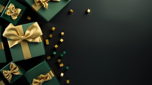Cajas de regalos verdes y doradas en fondo verde vista superior
