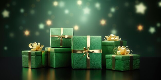 Foto cajas de regalos verdes regalos verdes con cinta dorada en el fondo de bokeh y luces navideñas