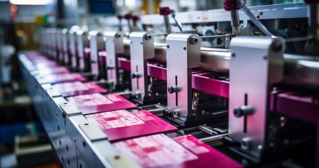 Foto cajas rosadas y blancas en la cinta transportadora