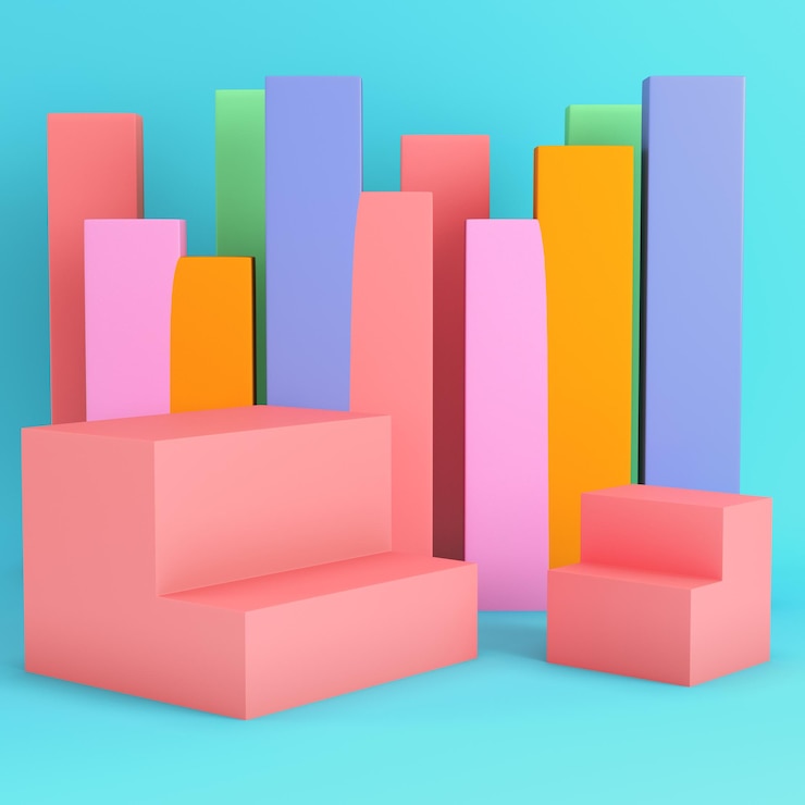 Foto cajas rosadas con paneles sobre un fondo azul brillante en colores pastel