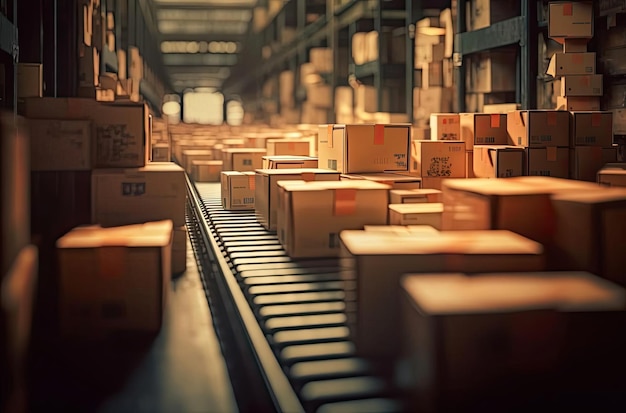 cajas sentadas en una cinta transportadora en un almacén de fabricación al estilo del efecto lensbaby