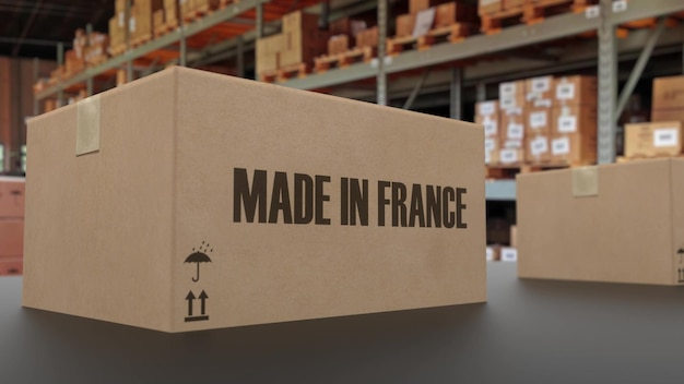 Cajas con texto MADE IN FRANCE en la representación 3d del transportador