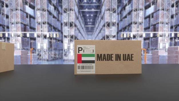 Cajas con texto MADE IN UAE en transportador. Productos relacionados con los Emiratos Árabes Unidos. Representación 3D.