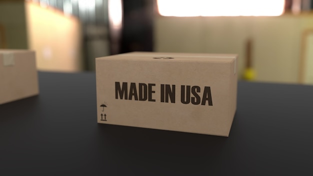 Cajas con texto MADE IN USA en el transportador. Productos estadounidenses relacionados. Representación 3D.