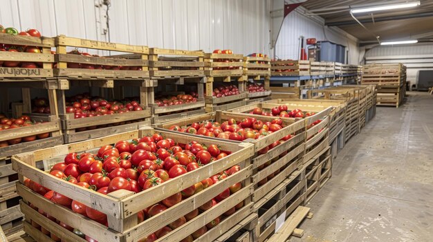 Cajas de tomate rojo en el almacén