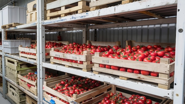 Cajas de tomate rojo en el almacén