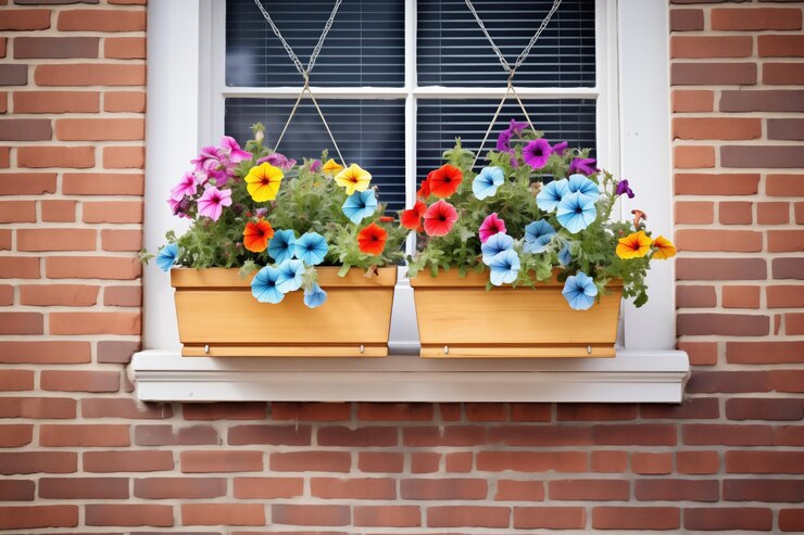 Cajas de ventana con petunias en flor contra una pared de ladrillo
