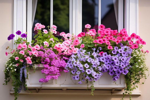 Cajas de ventanas de primavera Capturar el encanto de las cajas de ventana llenas de flores en flor IA Imagen