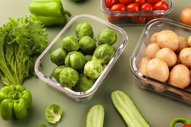 Cajas de vidrio con vegetales crudos frescos Verduras y frutas en recipientes de vidrio Concepto de almacenamiento de alimentos