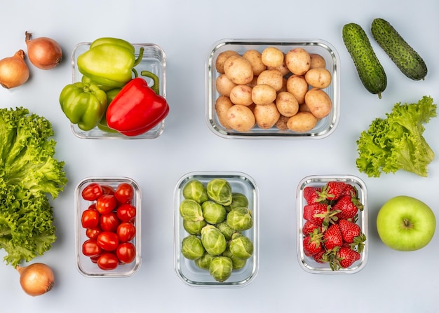 Cajas de vidrio con vegetales crudos frescos Verduras y frutas en recipientes de vidrio Concepto de almacenamiento de alimentos