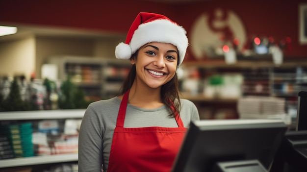 La cajera con un sombrero de Papá Noel en una tienda