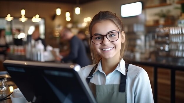 Una cajera sonriente aceptando pagos