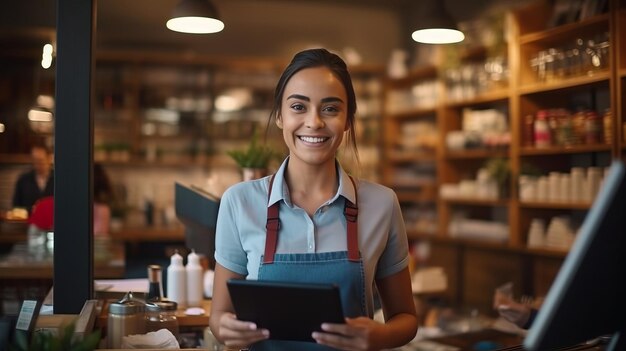 Una cajera sonriente aceptando pagos