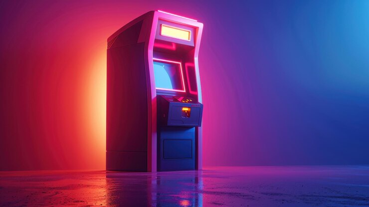El cajero automático en el ajuste de luz de neón futurista