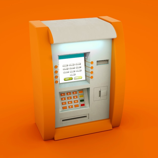 Cajero automático del banco aislado sobre fondo naranja. Ilustración 3D.