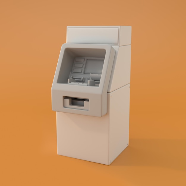 Cajero automático blanco o cajero automático en representación 3d de fondo naranja