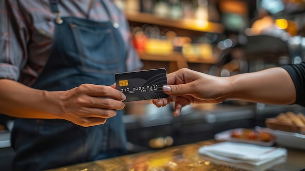 Foto el cajero en el café-restaurante acepta tarjetas de crédito de los clientes ia generativa