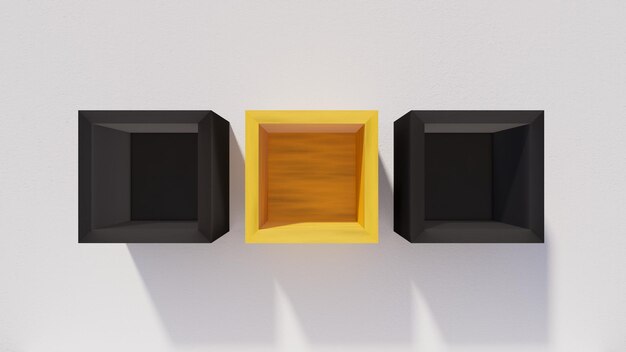 Cajón amarillo y dos cajones negros en la representación 3d de la pared blanca