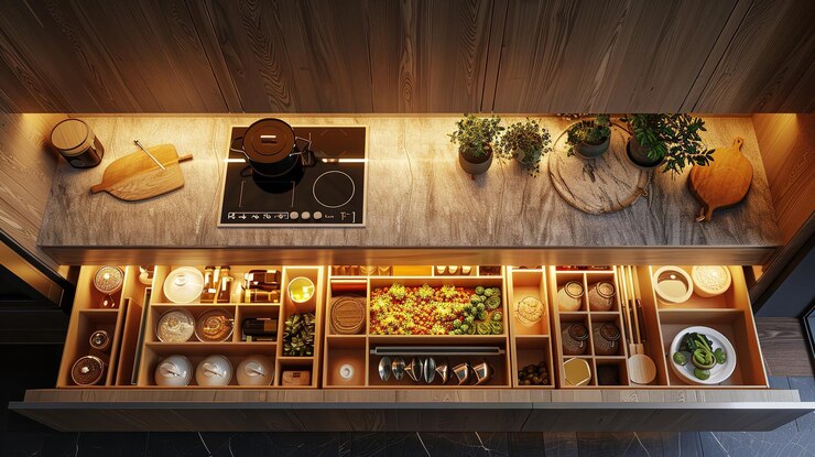Un cajón de la cocina meticulosamente organizado lleno de varias especias y artículos esenciales para cocinar