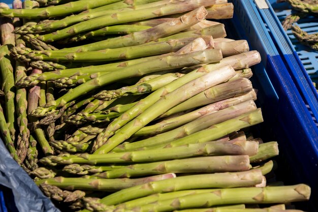 Cajón de espárragos verdes frescos en un mercado