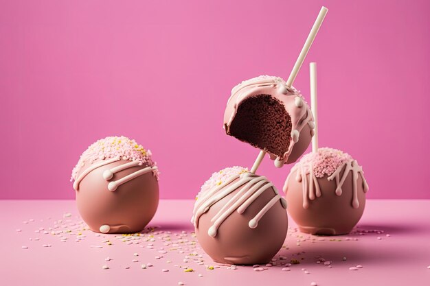 Cake Pops in Schokoladenglasur auf rosa Hintergrund