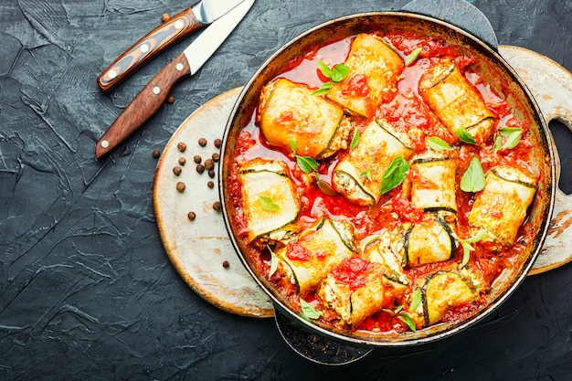 Calabacín al horno o berenjena rellena de queso