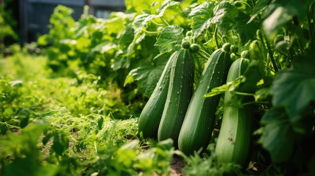 Calabacín con hojas verdes que crecen en el huerto