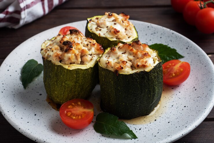 Calabacín relleno al horno con pollo picado