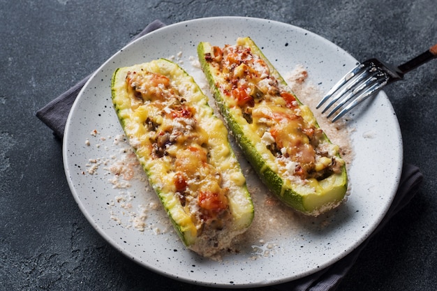 Calabacitas rellenas al horno con champiñones de pollo picados y verduras con queso en un plato.