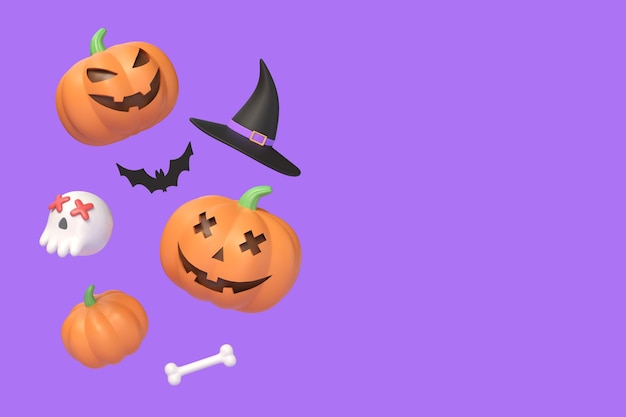 Foto calabaza 3d con sonrisa espeluznante en sombrero de bruja cráneo y hueso en estilo de dibujos animados ilustración para diseño de cartel o banner para las vacaciones de halloweencopy space render 3d