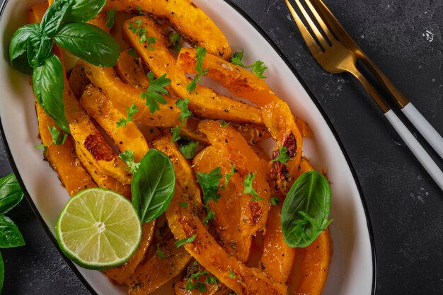 Calabaza al horno con albahaca y hierbas en una vista superior de primer plano de plato ovalado blanco. Platos de verduras de otoño. Foto de alta calidad