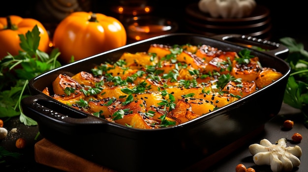 calabaza al horno con queso calabaza y tomillo en el plato de horneado en la mesa de madera fondo de comida de otoño