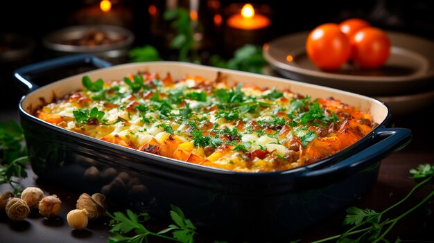 calabaza al horno con queso calabaza y tomillo en el plato de horneado en la mesa de madera fondo de comida de otoño