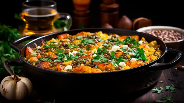 calabaza al horno con queso calabaza y tomillo en el plato de horneado en la mesa de madera fondo de comida de otoño