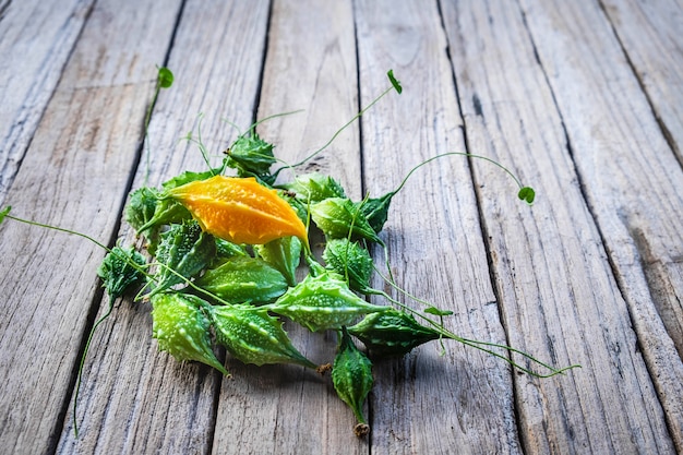 Calabaza amarga verduras en madera