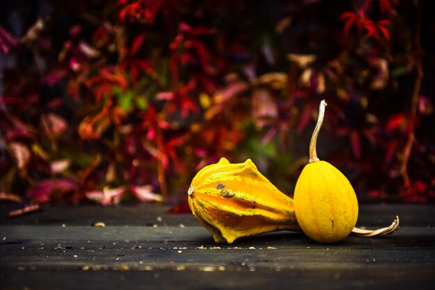 Calabaza amarilla en una mesa de madera