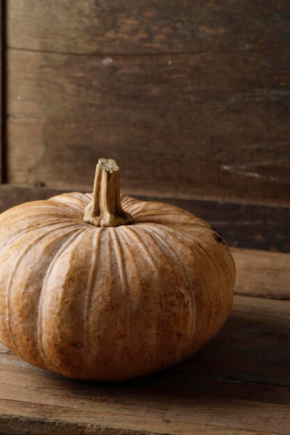 Calabaza antigua rústica en la mesa de madera envejecida Espacio de copia para texto Enfoque selectivo