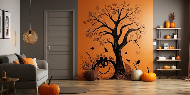 Foto una calabaza con un árbol pintado en la pared detrás de ella