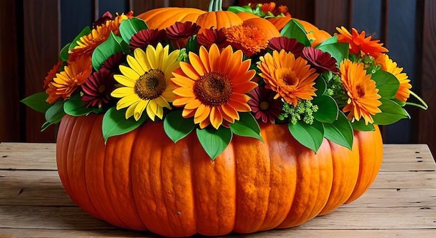 Calabaza y arreglo de flores