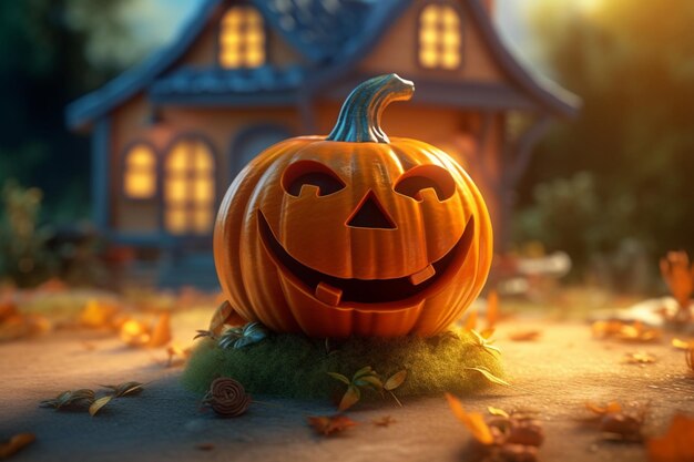 Calabaza aterradora y casa en la noche de luna llena en concepto de celebración de halloween Fondo de halloween