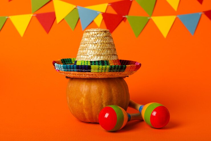 Calabaza con atributos mexicanos maracas y somrero